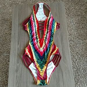 Side Cutout Low Back Colorful One Piece Swimsuit